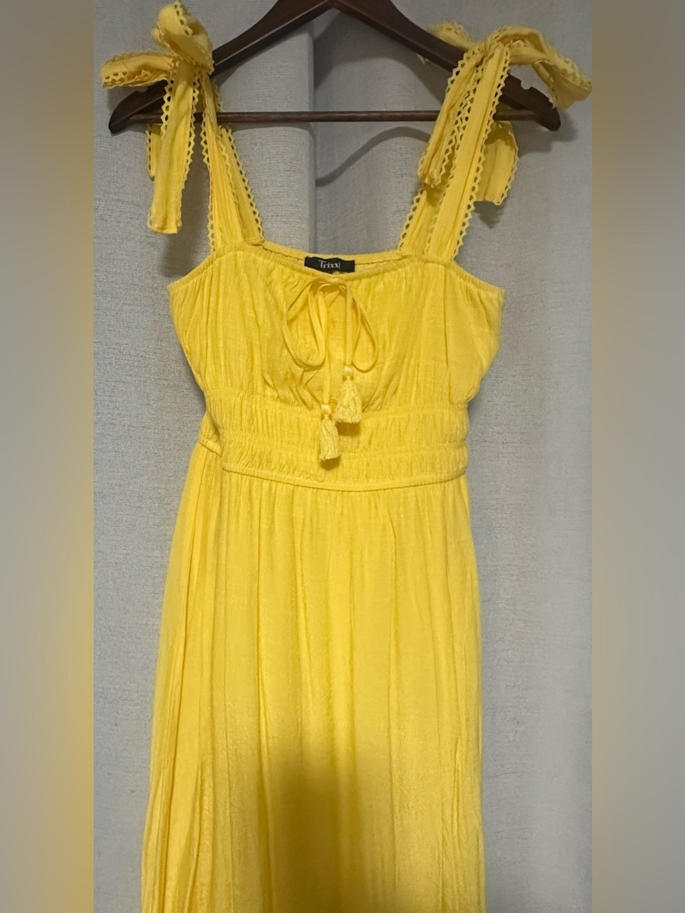 Trixxi Yellow Tie Strap Midi Dress Women’s M Smocked Empire Waist Tassel Boho - Picture 3 of 6
